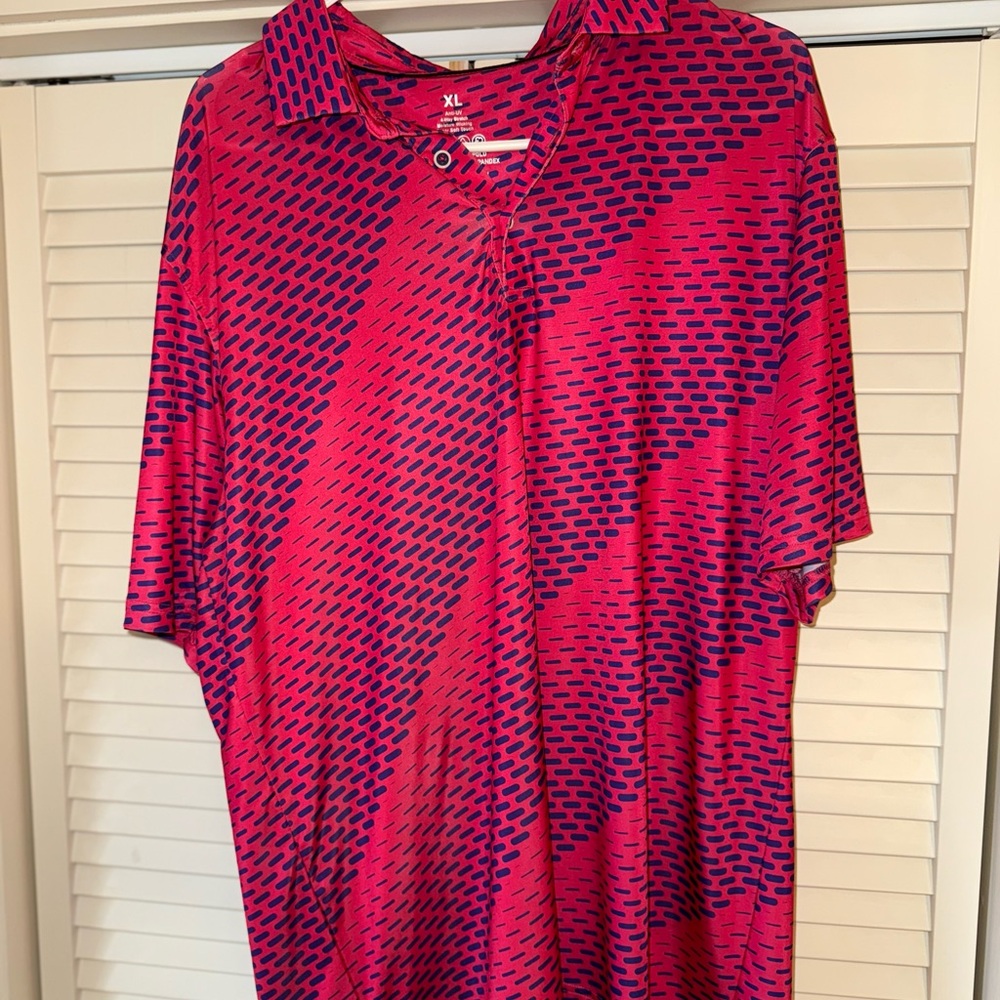 Vibrant Red and Blue Patterned Polo Shirt